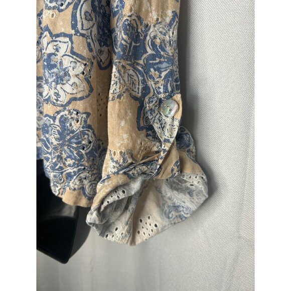 Ruby Rd. Petite 16W Floral Button-Up Shirt Blue & Beige Cotton/Flax - Picture 9 of 15